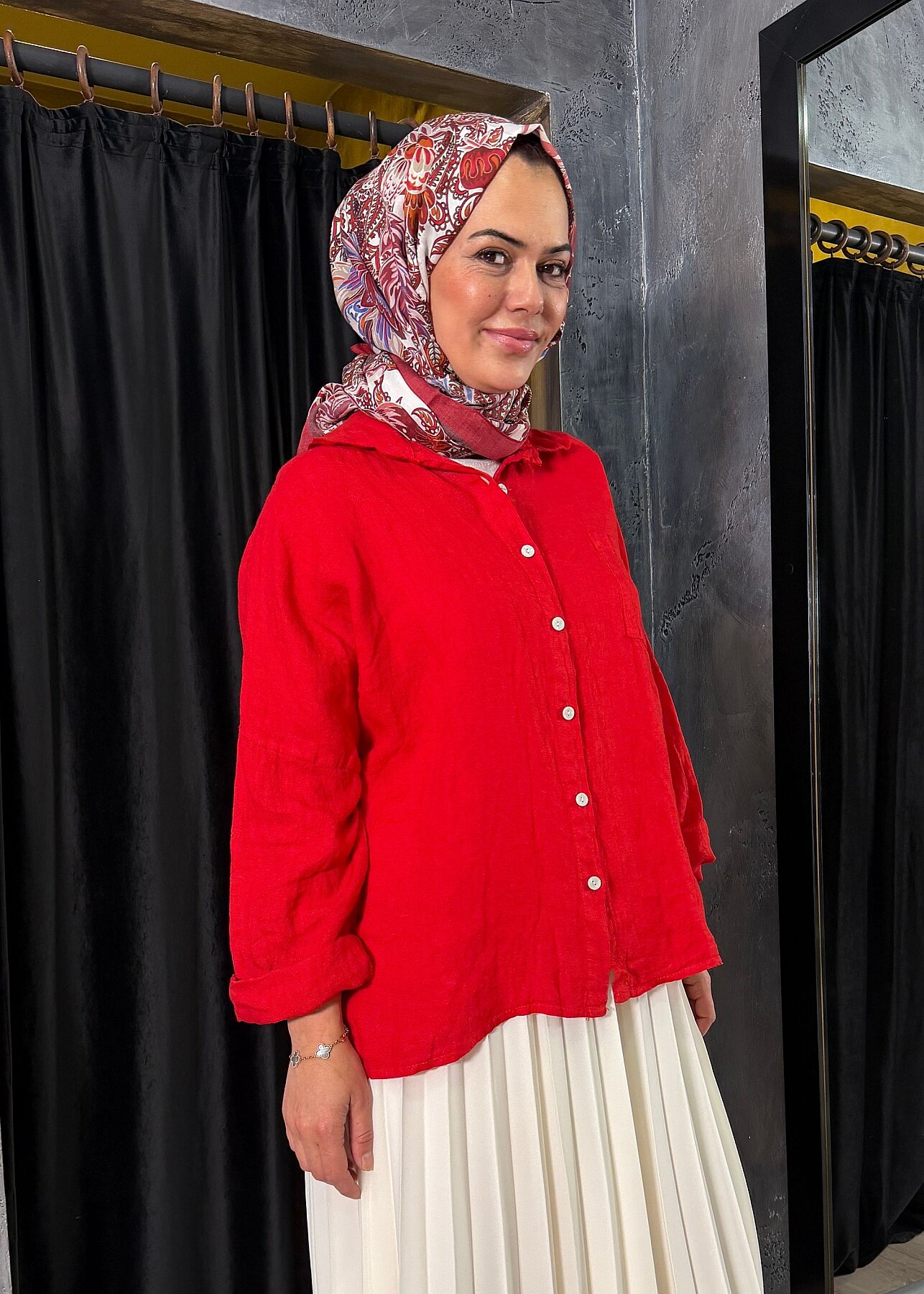 Nazlınur Collection Keten Gömlek KIRMIZI - 5