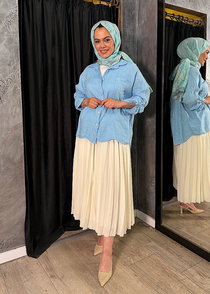 Nazlınur Collection Keten Gömlek MAVİ - 3