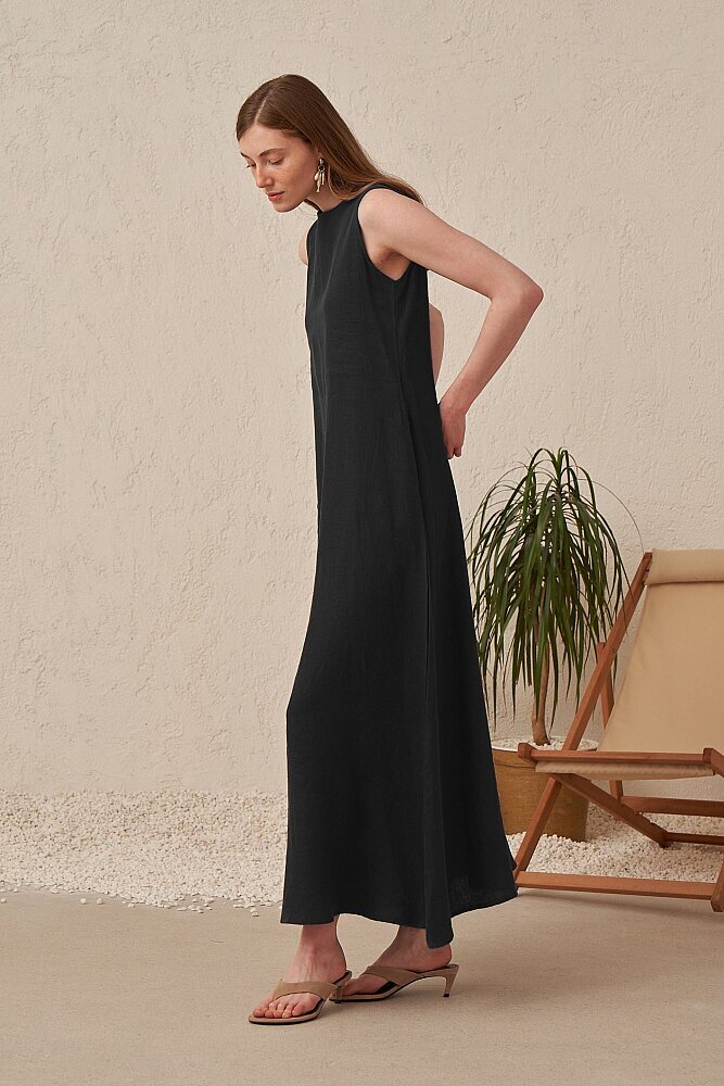 Nazlınur Collection Kolsuz A Kalıp Keten Elbise SİYAH - 2