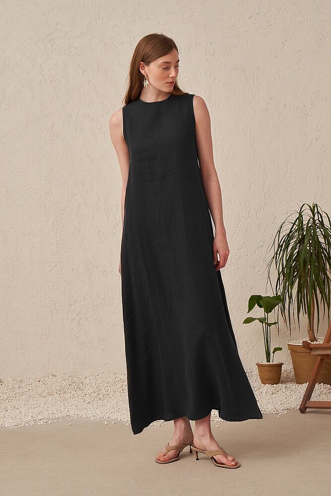 Nazlınur Collection Kolsuz A Kalıp Keten Elbise SİYAH