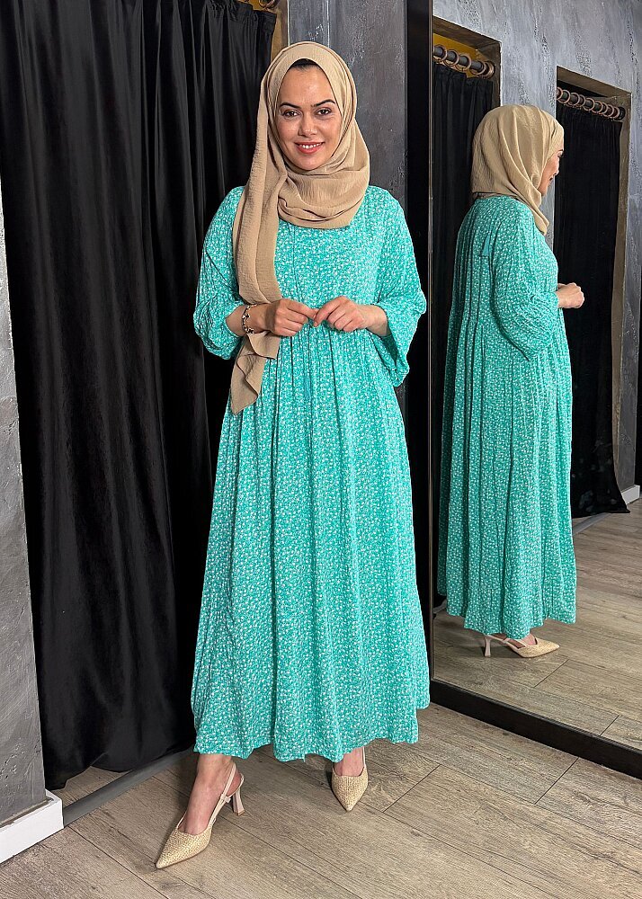 Nazlınur Collection Kolu Büzgülü Küçük Çiçek Desenli Elbise TURKUAZ