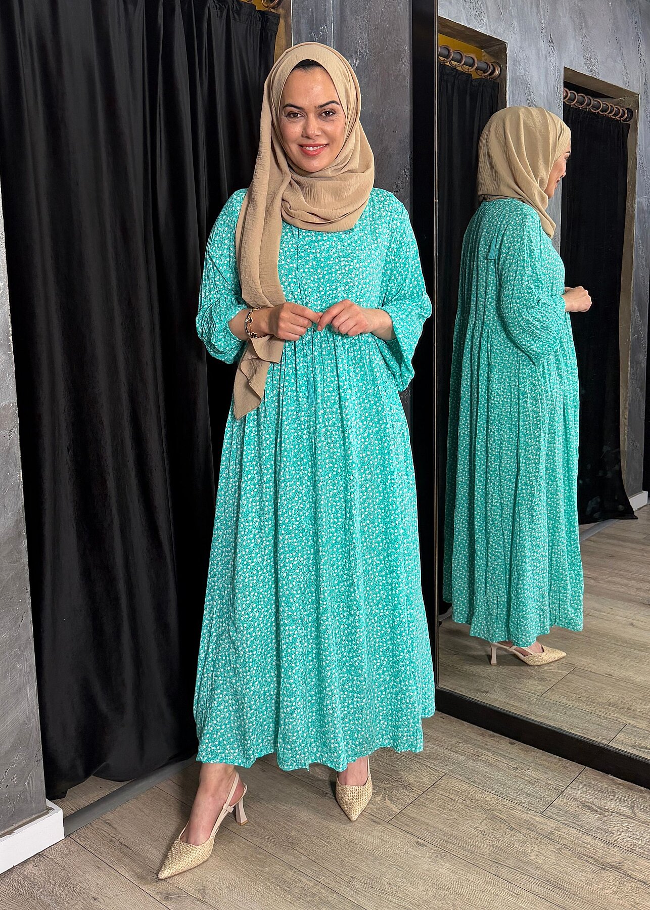 Nazlınur Collection Kolu Büzgülü Küçük Çiçek Desenli Elbise TURKUAZ - 1
