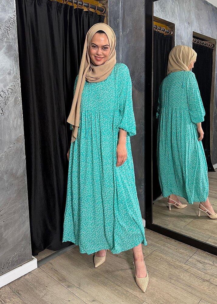 Nazlınur Collection Kolu Büzgülü Küçük Çiçek Desenli Elbise TURKUAZ - 2