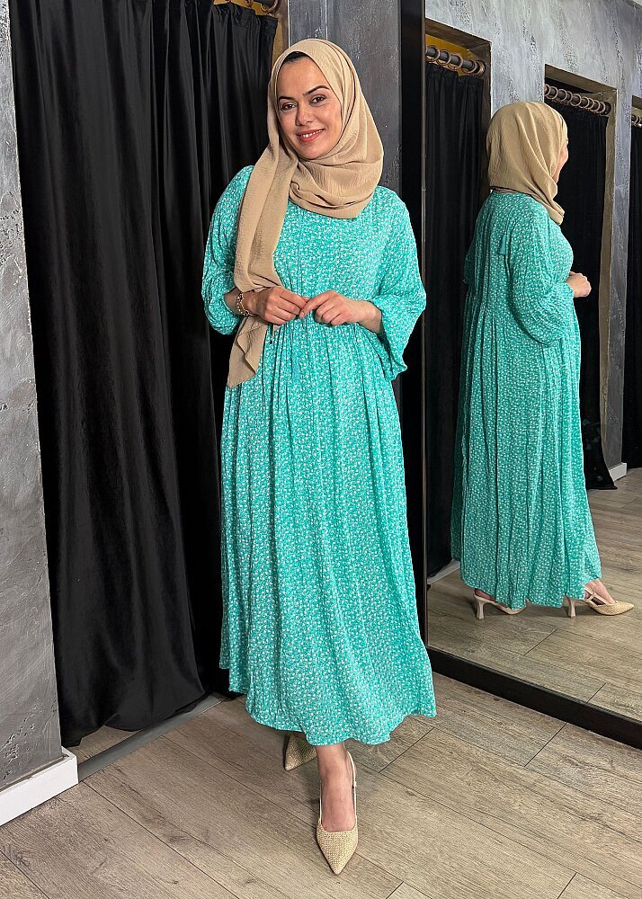 Nazlınur Collection Kolu Büzgülü Küçük Çiçek Desenli Elbise TURKUAZ - 3