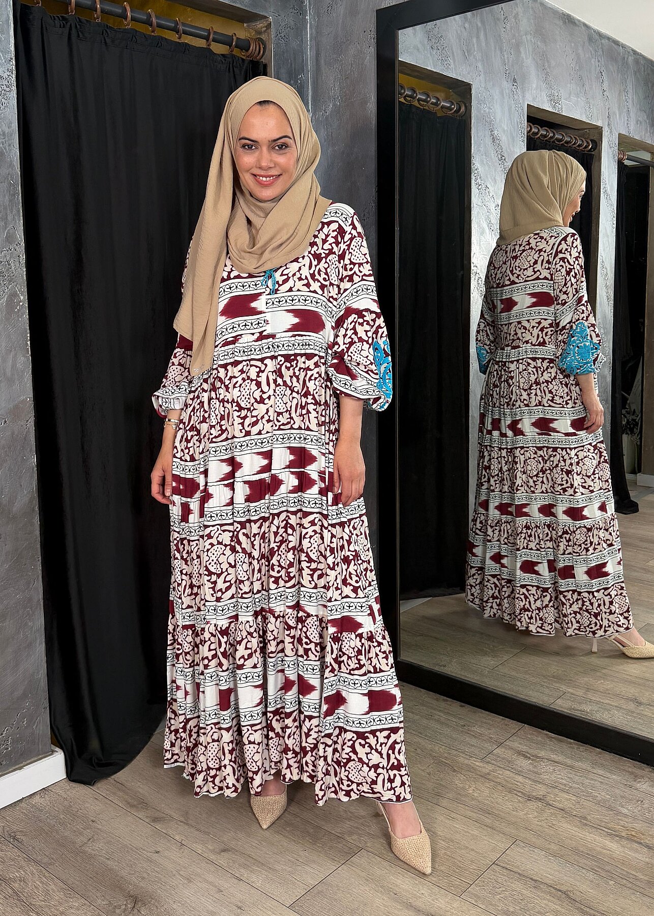 Nazlınur Collection Kolu Nakışlı Elbise BORDO - 1