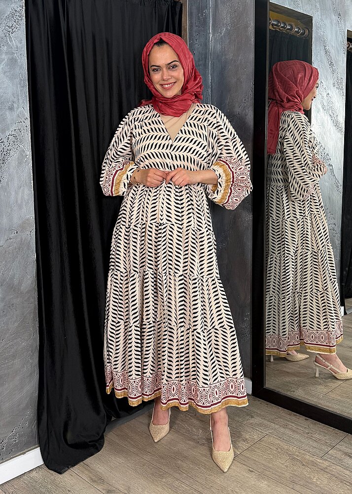 Nazlınur Collection Kolu Ve Etek Ucu Etnik Desenli Pamuklu Elbise BORDO