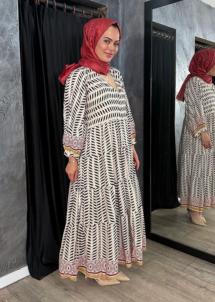 Nazlınur Collection Kolu Ve Etek Ucu Etnik Desenli Pamuklu Elbise BORDO - 3