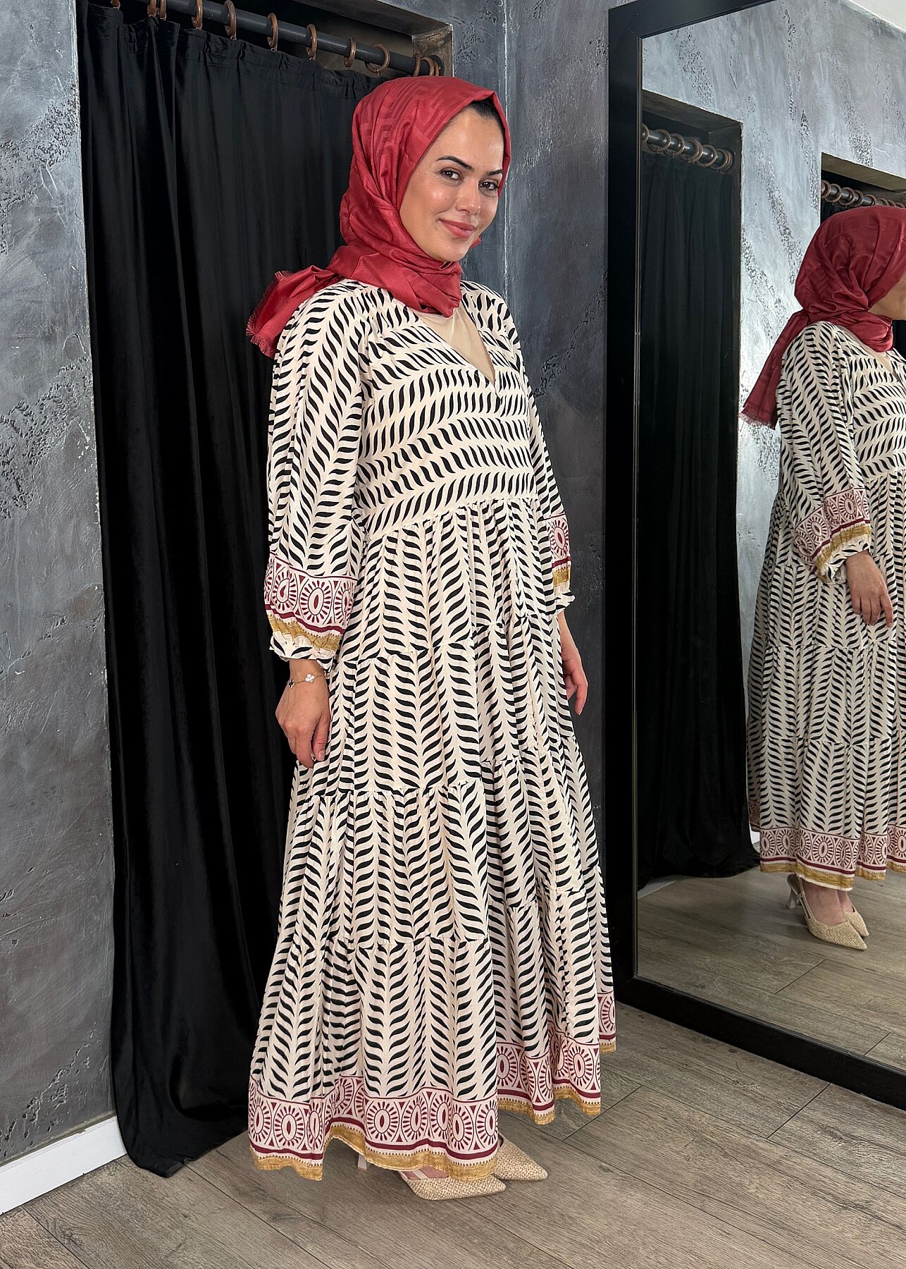 Nazlınur Collection Kolu Ve Etek Ucu Etnik Desenli Pamuklu Elbise BORDO - 3