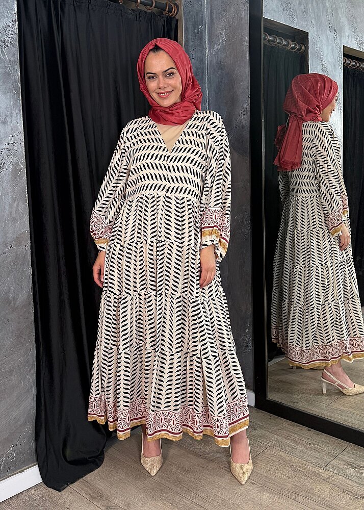 Nazlınur Collection Kolu Ve Etek Ucu Etnik Desenli Pamuklu Elbise BORDO - 4