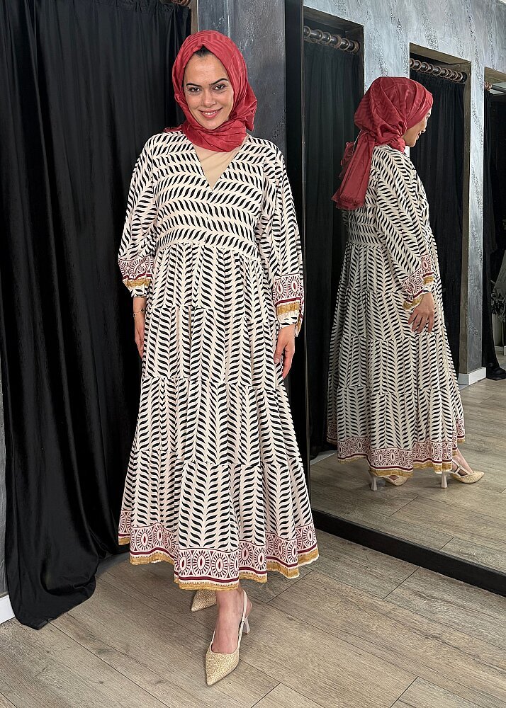 Nazlınur Collection Kolu Ve Etek Ucu Etnik Desenli Pamuklu Elbise BORDO - 5