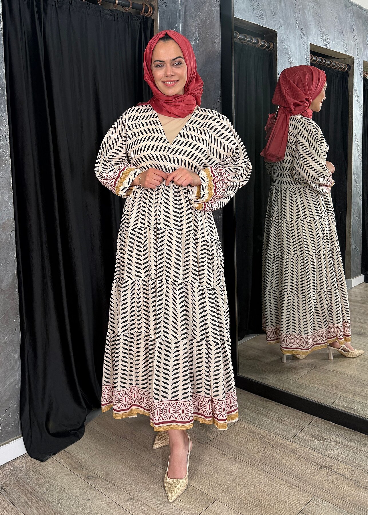 Nazlınur Collection Kolu Ve Etek Ucu Etnik Desenli Pamuklu Elbise BORDO - 6