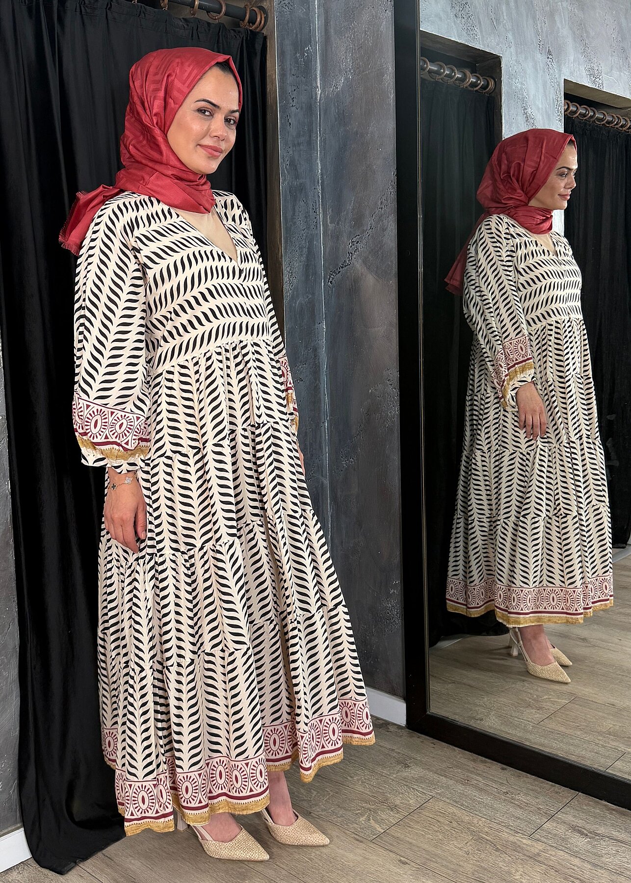 Nazlınur Collection Kolu Ve Etek Ucu Etnik Desenli Pamuklu Elbise BORDO - 7