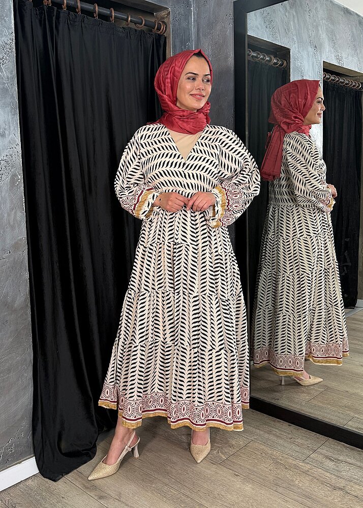 Nazlınur Collection Kolu Ve Etek Ucu Etnik Desenli Pamuklu Elbise BORDO - 8