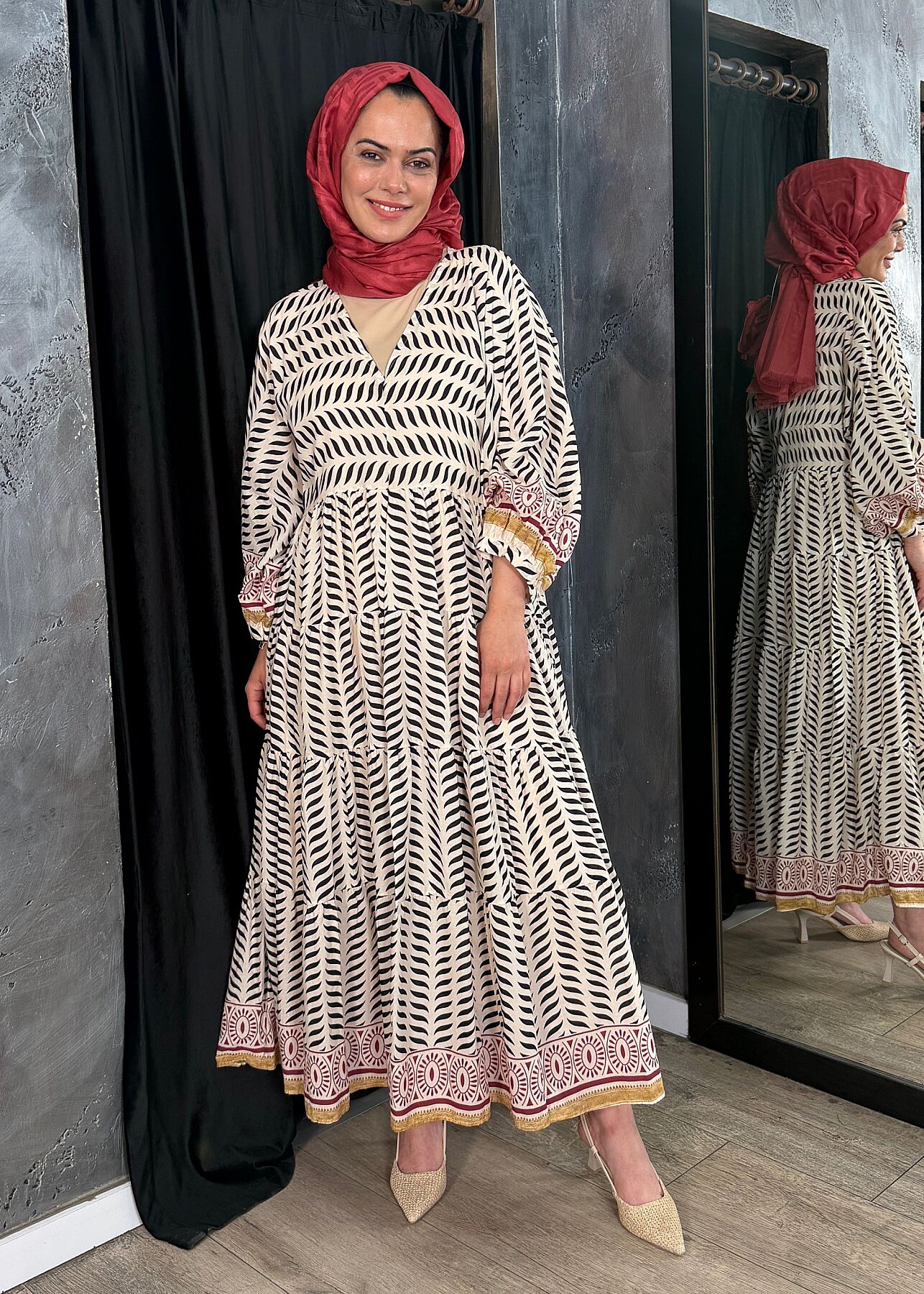 Nazlınur Collection Kolu Ve Etek Ucu Etnik Desenli Pamuklu Elbise BORDO - 9
