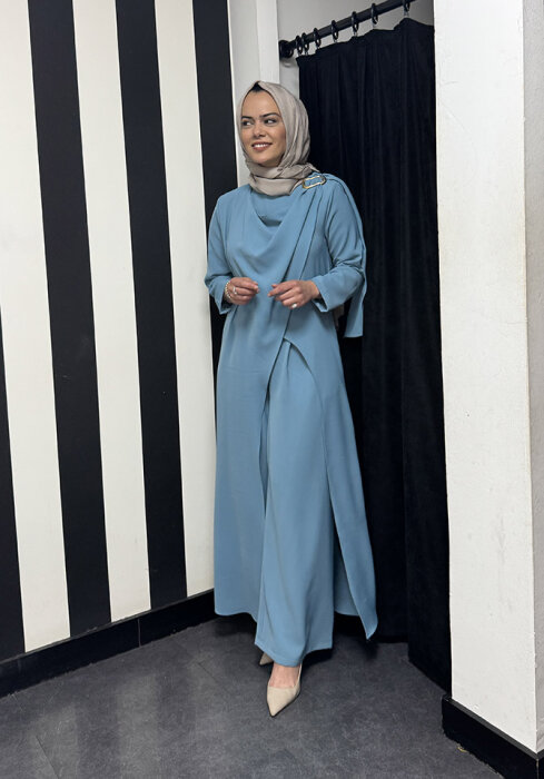 Nazlınur Collection Omuzu Detaylı Konkort Kumaş Takım BEBE MAVİ - 1