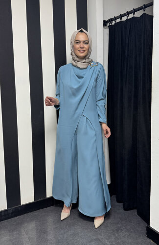Nazlınur Collection Omuzu Detaylı Konkort Kumaş Takım BEBE MAVİ - 2