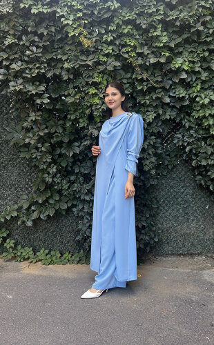 Nazlınur Collection Omuzu Detaylı Konkort Kumaş Takım Gök Mavisi - 3