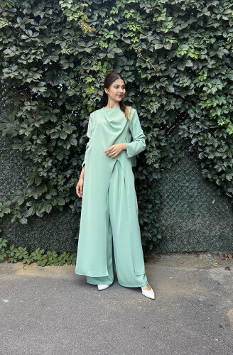 Nazlınur Collection Omuzu Detaylı Konkort Kumaş Takım MİNT - 2