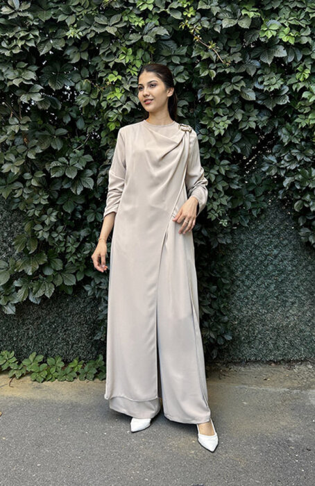 Nazlınur Collection Omuzu Detaylı Konkort Kumaş Takım VİZON - 3