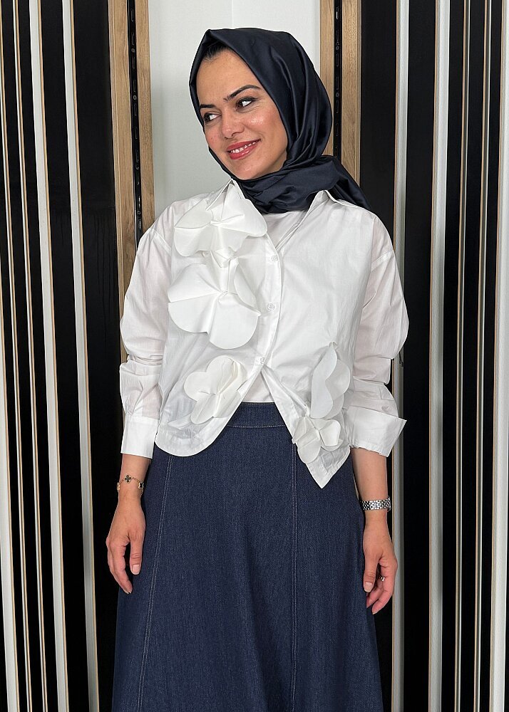 Nazlınur Collection Önü Çiçekli Gömlek BEYAZ - 2
