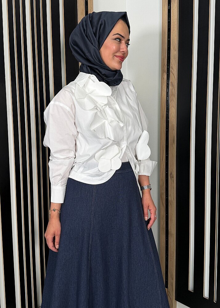 Nazlınur Collection Önü Çiçekli Gömlek BEYAZ - 4