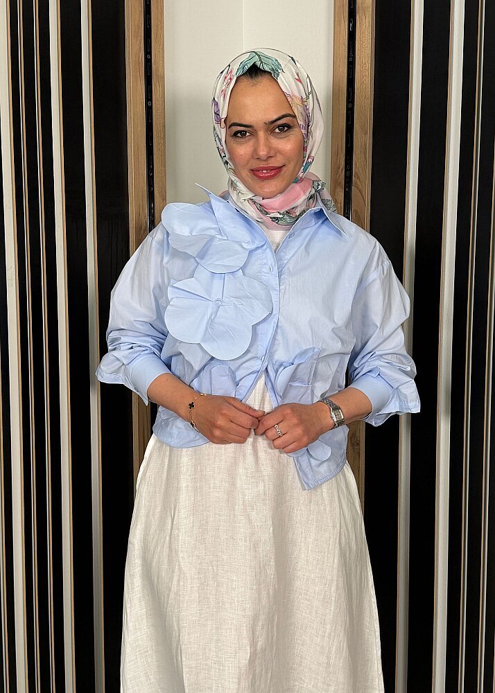 Nazlınur Collection Önü Çiçekli Gömlek MAVİ - 2