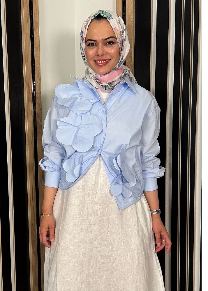 Nazlınur Collection Önü Çiçekli Gömlek MAVİ