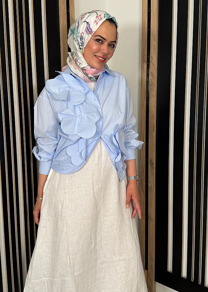 Nazlınur Collection Önü Çiçekli Gömlek MAVİ - 6