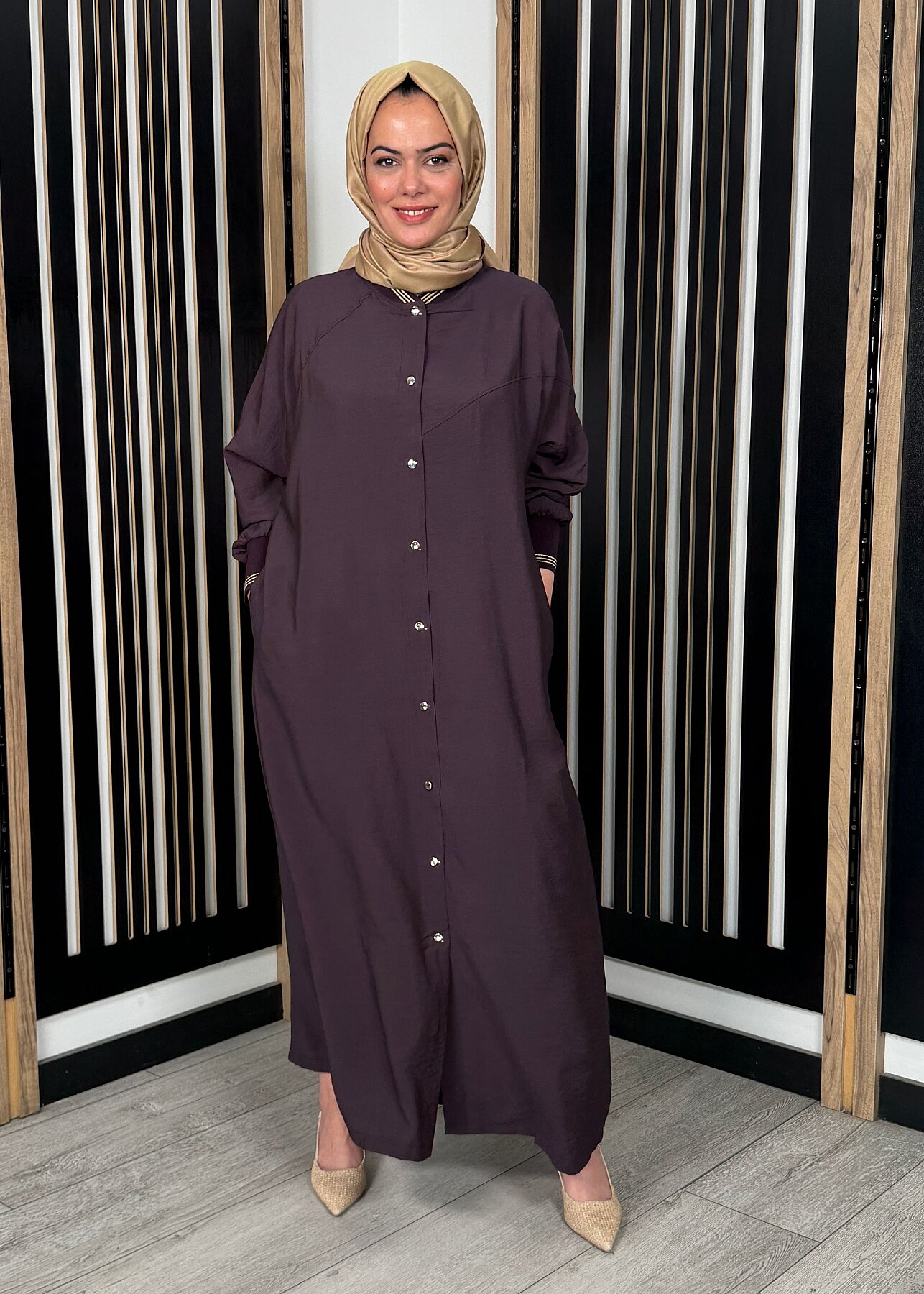 Nazlınur Collection Önü Çıtçıtlı Yakası Lastikli Kap KAHVE - 3