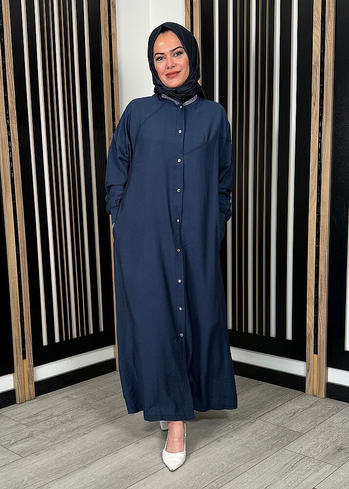 Nazlınur Collection Önü Çıtçıtlı Yakası Lastikli Kap LACİVERT - 8