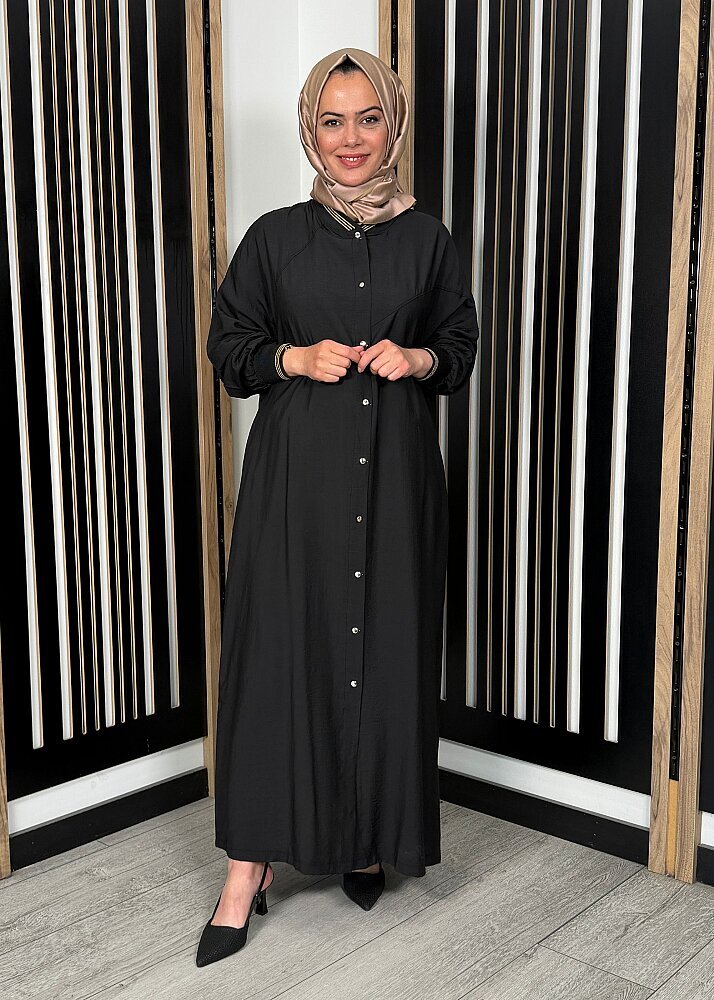 Nazlınur Collection Önü Çıtçıtlı Yakası Lastikli Kap SİYAH