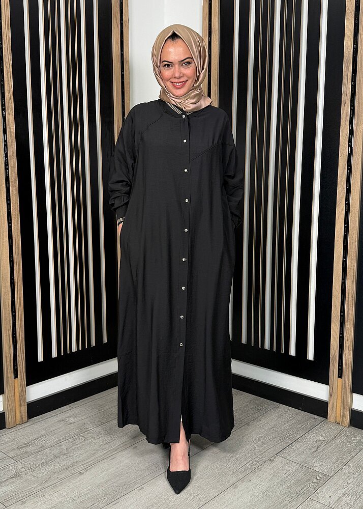 Nazlınur Collection Önü Çıtçıtlı Yakası Lastikli Kap SİYAH - 3