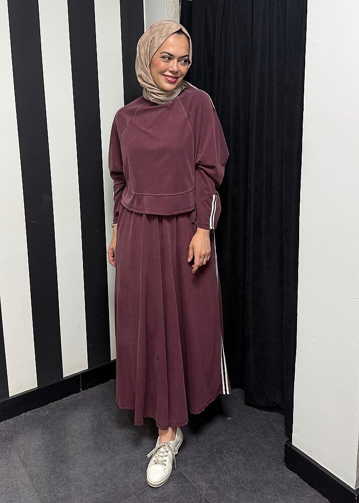 Nazlınur Collection Önü Dikiş Detaylı Şeritli Takım BORDO - 3