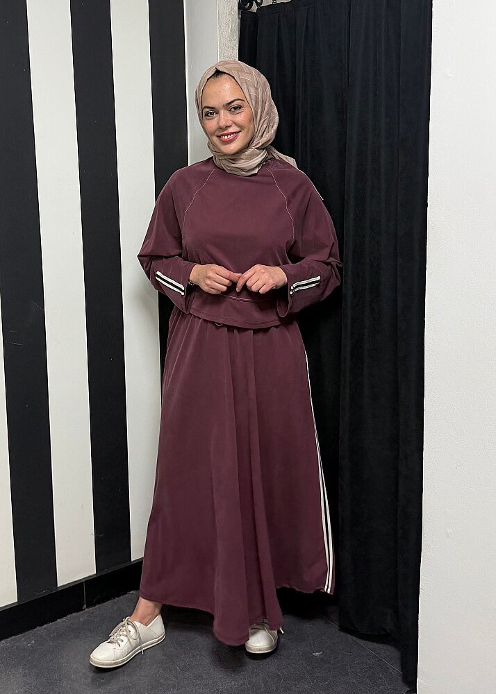Nazlınur Collection Önü Dikiş Detaylı Şeritli Takım BORDO - 4