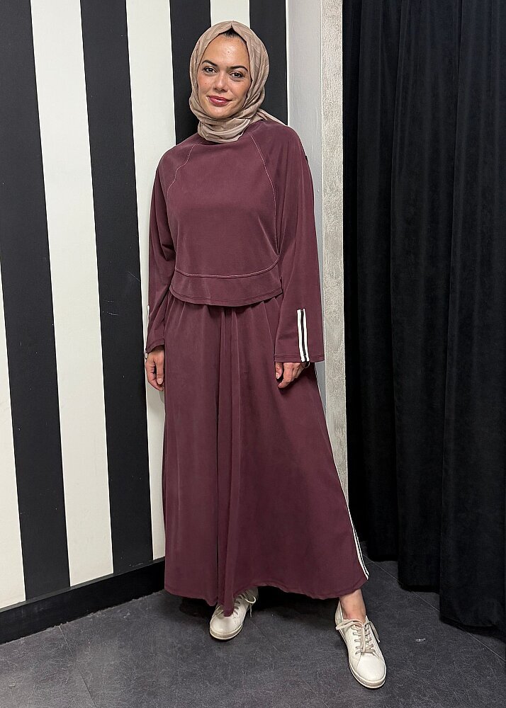 Nazlınur Collection Önü Dikiş Detaylı Şeritli Takım BORDO - 6