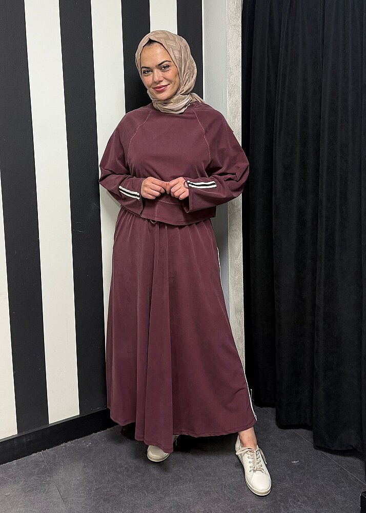 Nazlınur Collection Önü Dikiş Detaylı Şeritli Takım BORDO - 7