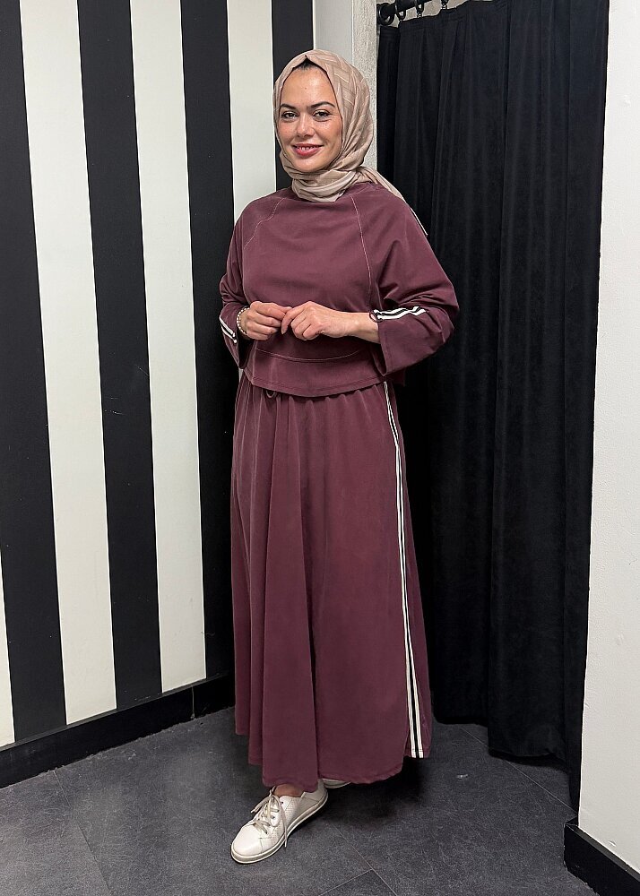 Nazlınur Collection Önü Dikiş Detaylı Şeritli Takım BORDO - 8