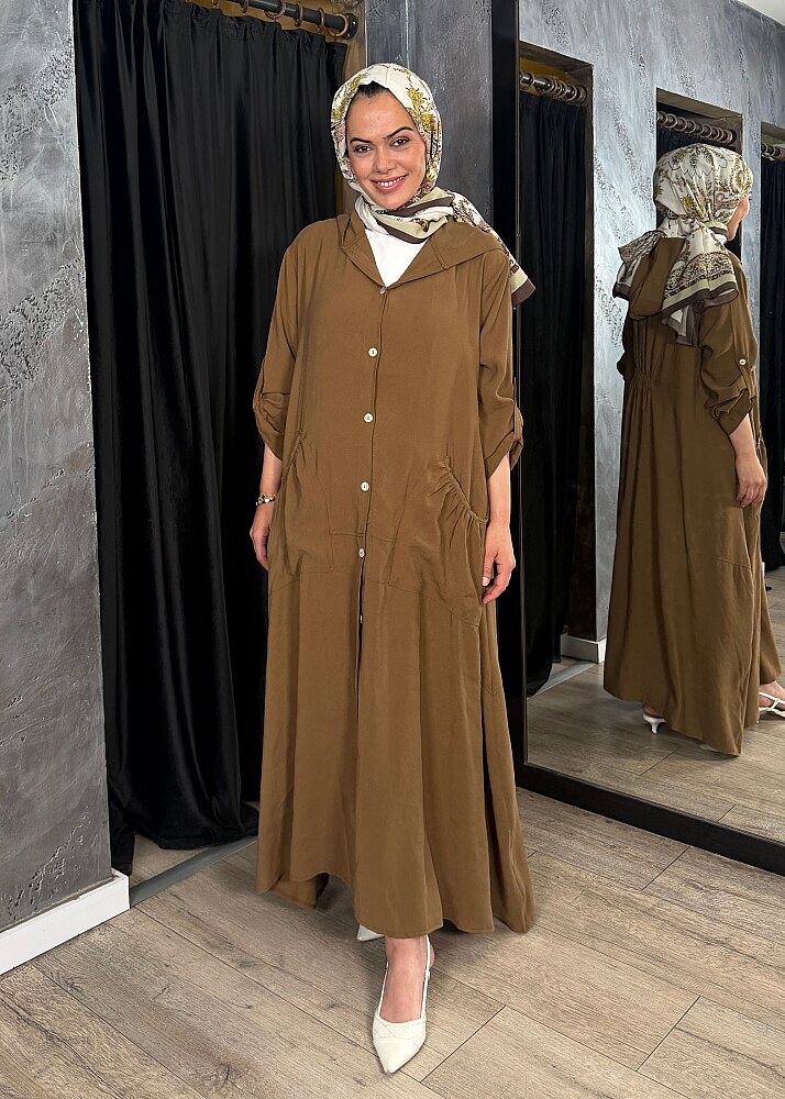 Nazlınur Collection Önü Düğmeli Kapüşonlu Kap CAMEL