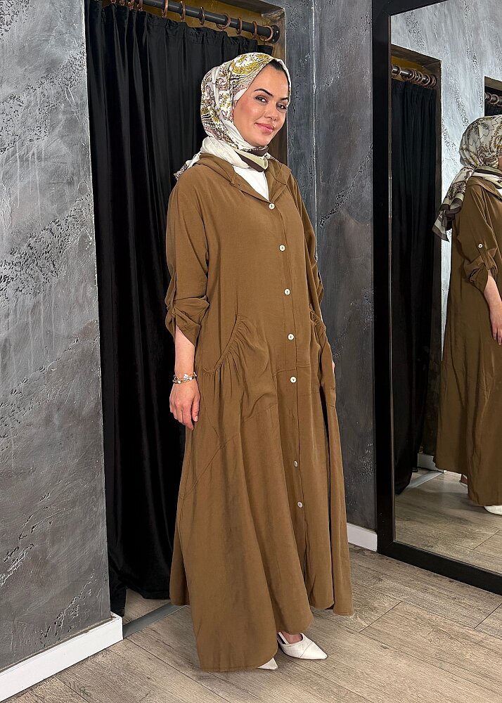 Nazlınur Collection Önü Düğmeli Kapüşonlu Kap CAMEL - 4