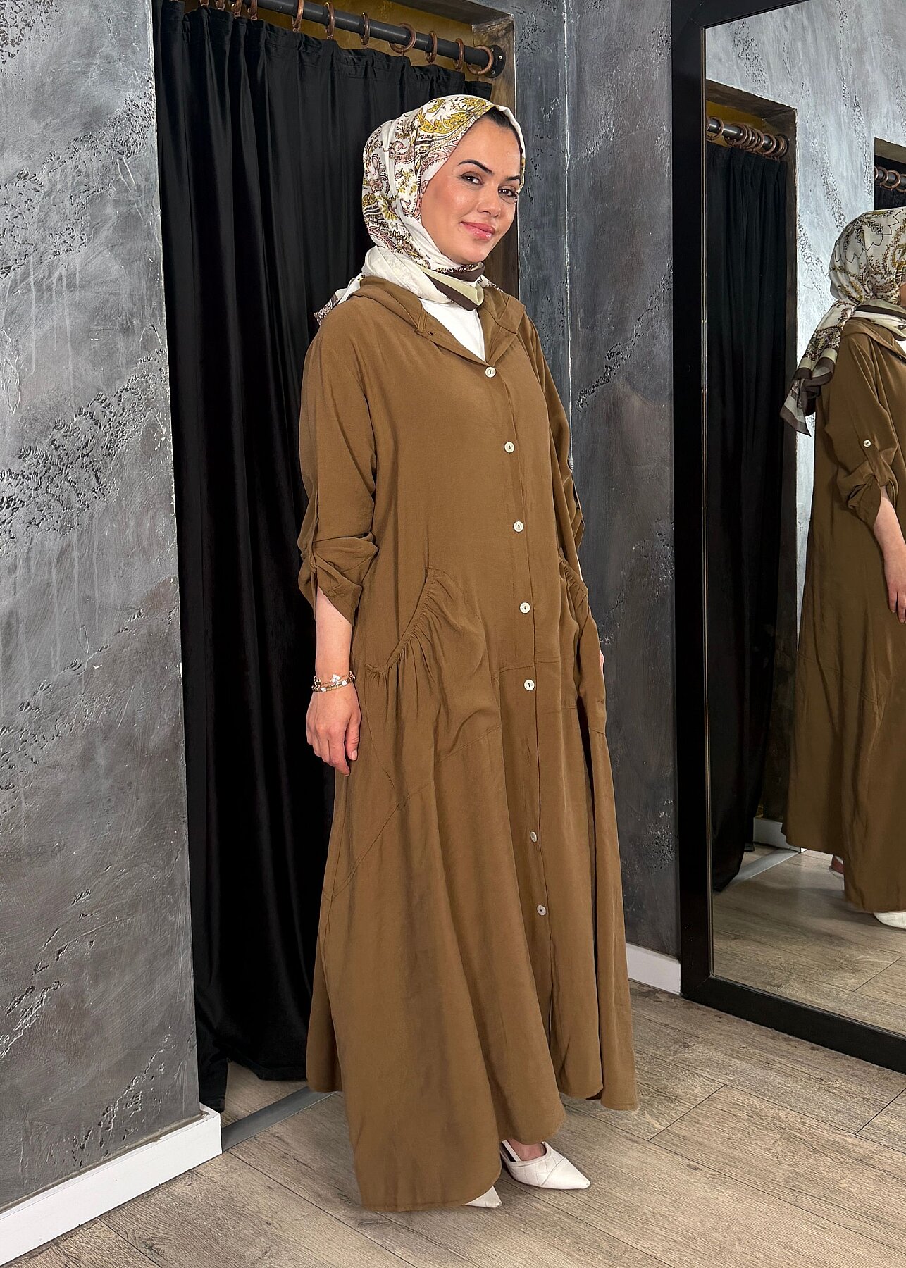 Nazlınur Collection Önü Düğmeli Kapüşonlu Kap CAMEL - 4