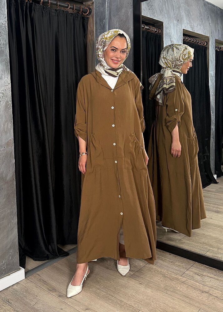 Nazlınur Collection Önü Düğmeli Kapüşonlu Kap CAMEL - 5