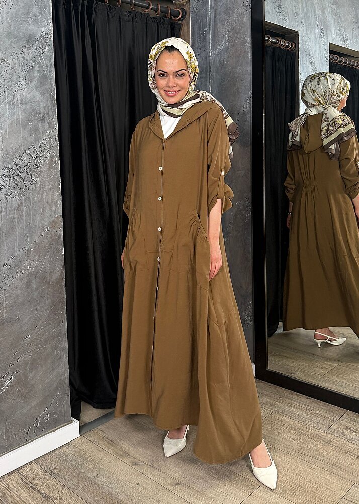 Nazlınur Collection Önü Düğmeli Kapüşonlu Kap CAMEL - 6