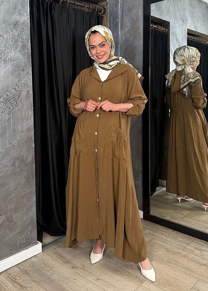 Nazlınur Collection Önü Düğmeli Kapüşonlu Kap CAMEL - 7