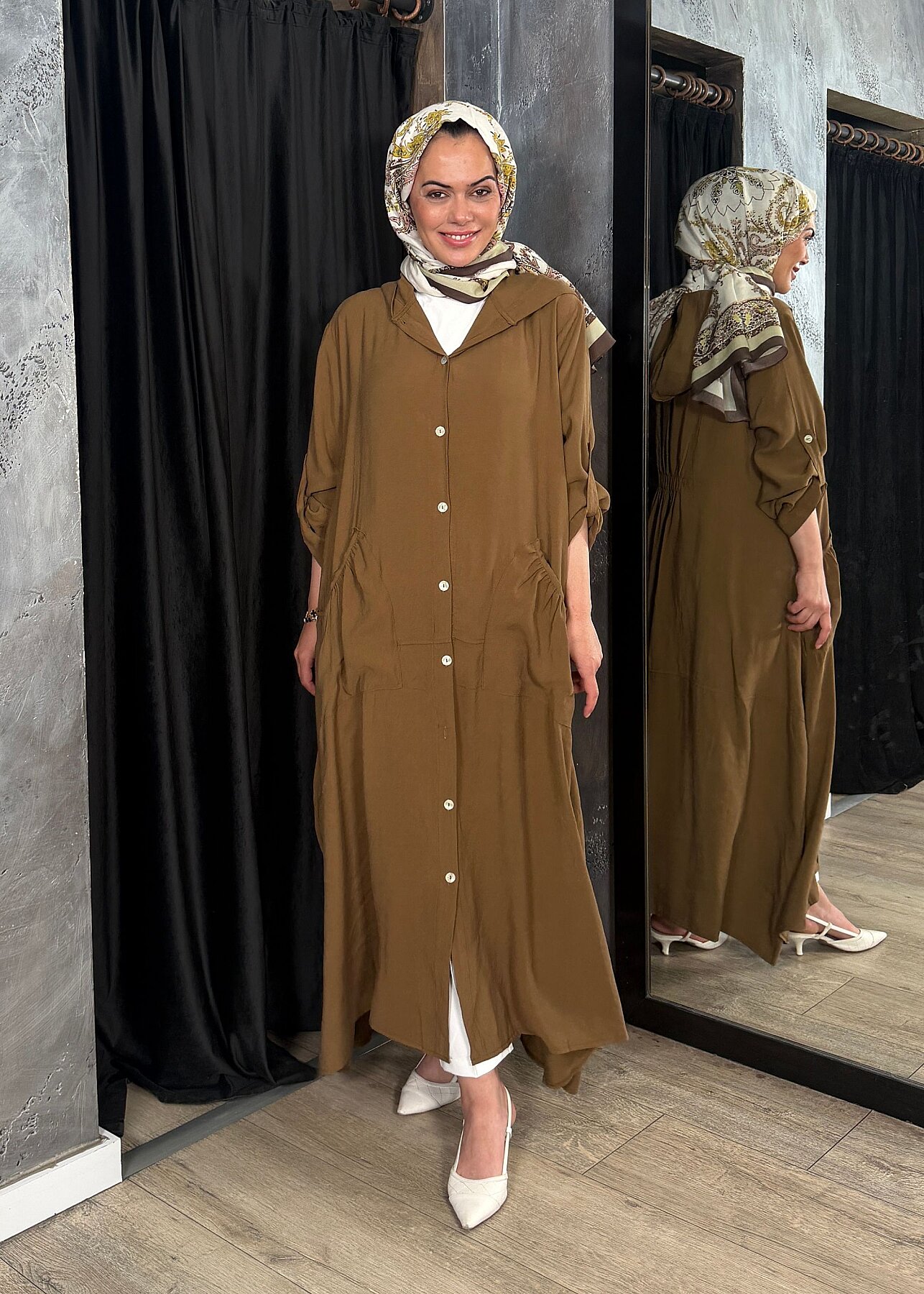 Nazlınur Collection Önü Düğmeli Kapüşonlu Kap CAMEL - 8