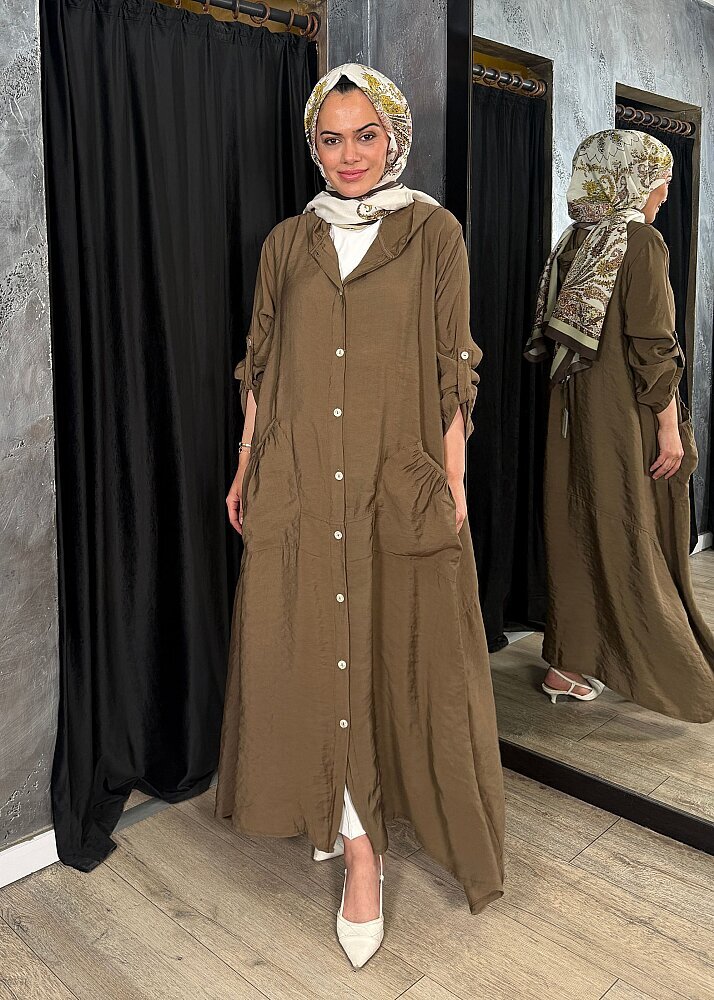Nazlınur Collection Önü Düğmeli Kapüşonlu Kap KAHVE - 3