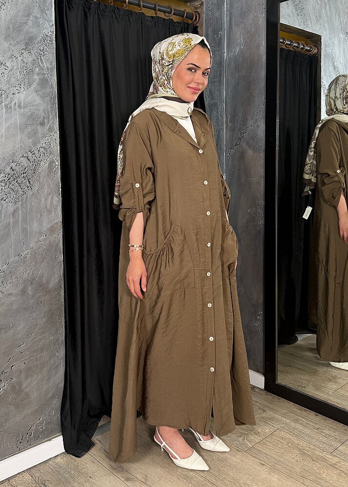 Nazlınur Collection Önü Düğmeli Kapüşonlu Kap KAHVE - 4