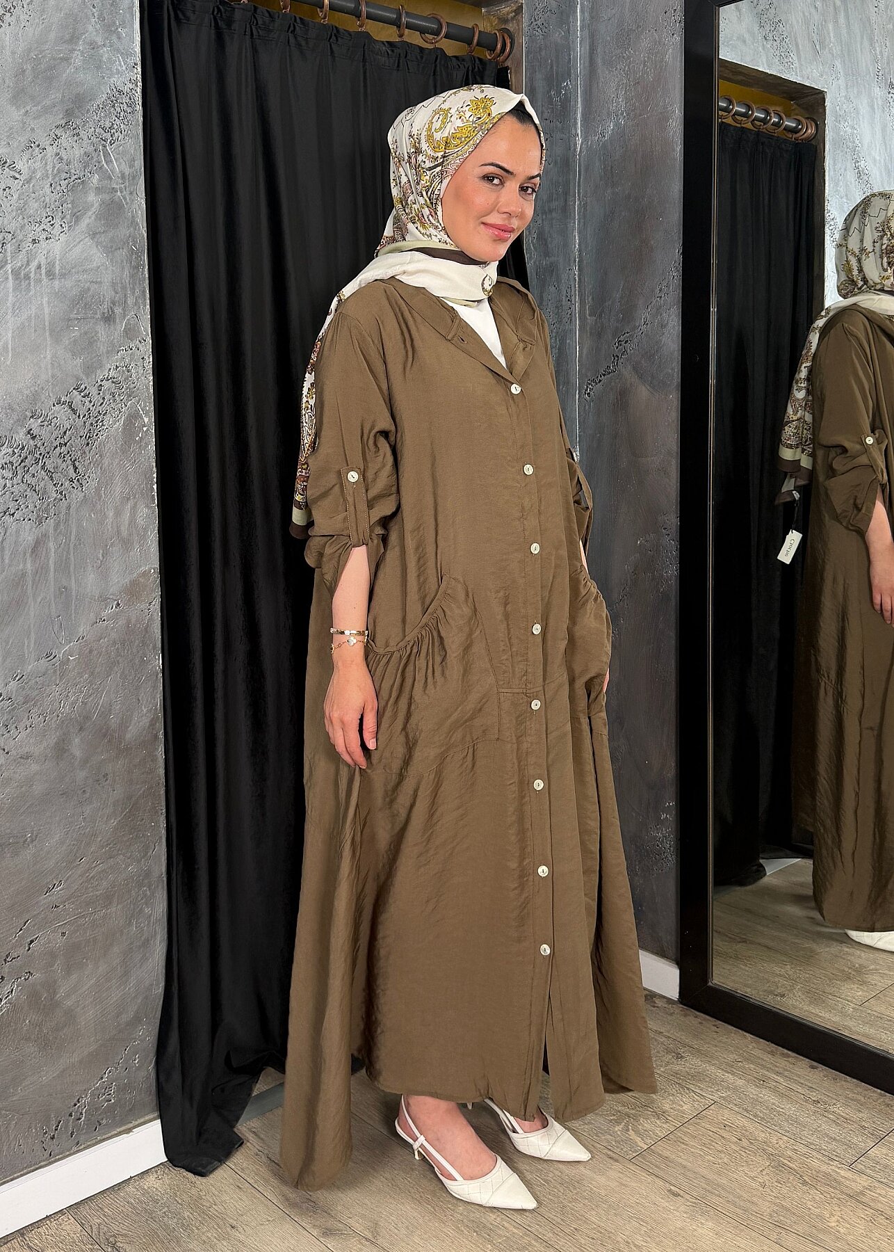 Nazlınur Collection Önü Düğmeli Kapüşonlu Kap KAHVE - 4