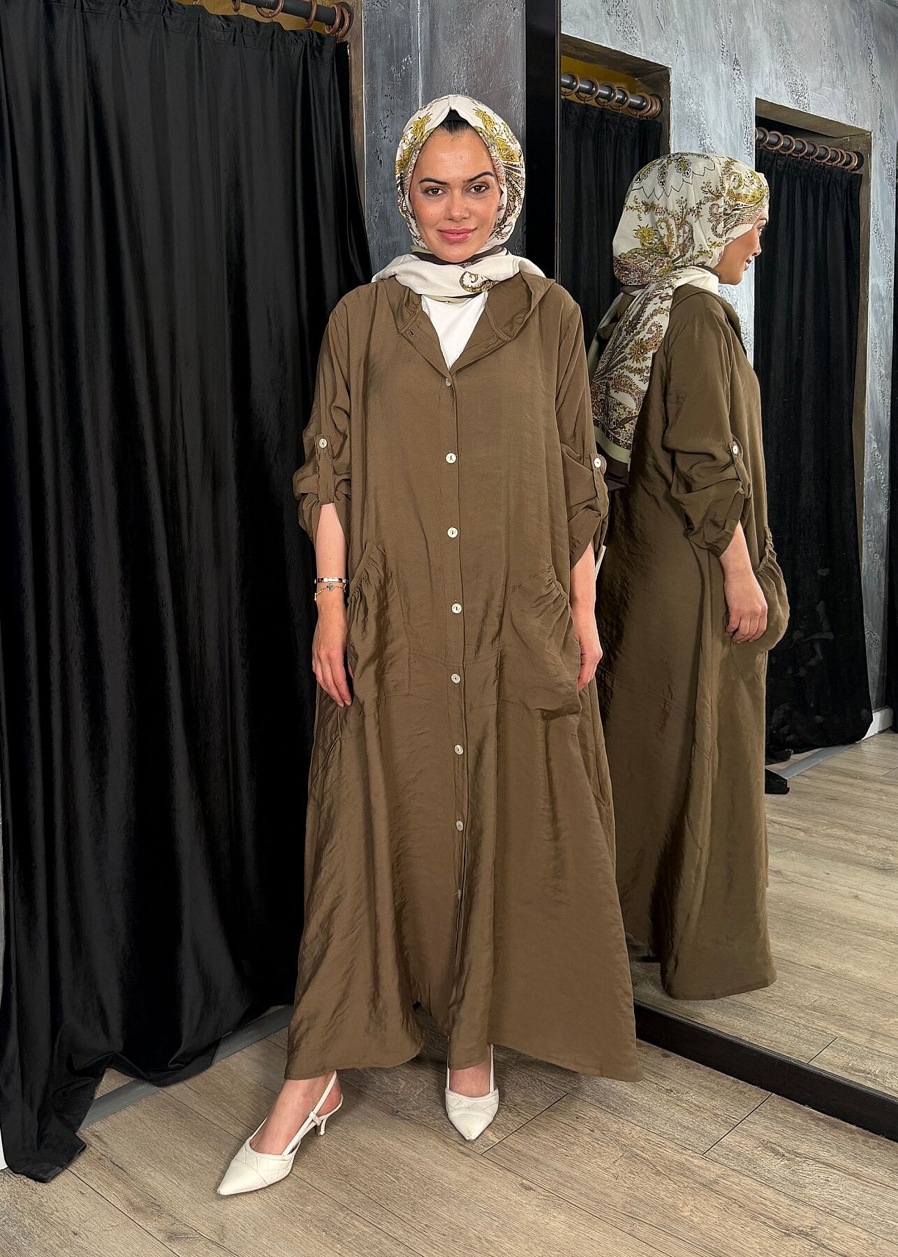 Nazlınur Collection Önü Düğmeli Kapüşonlu Kap KAHVE - 5