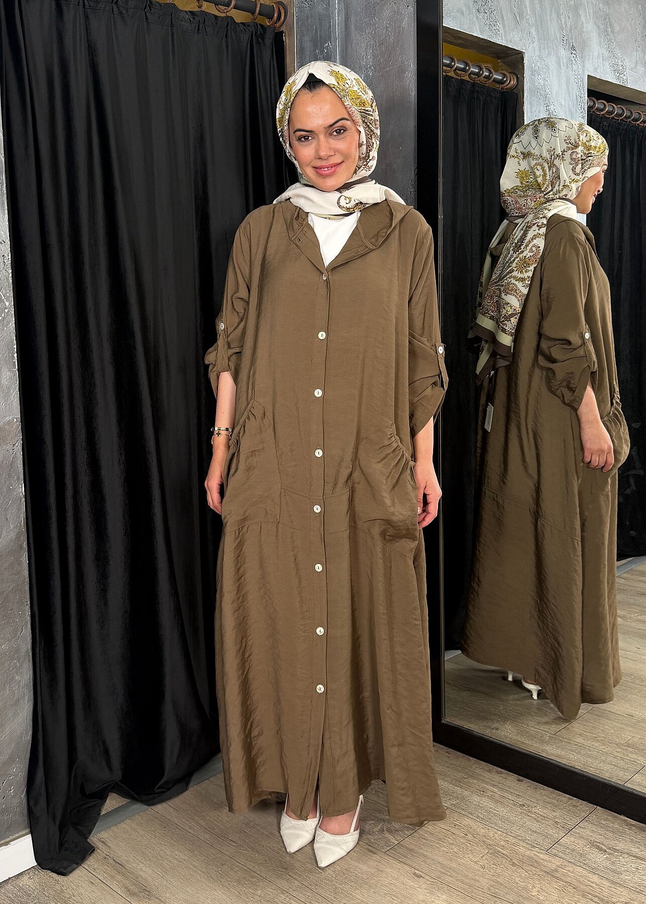 Nazlınur Collection Önü Düğmeli Kapüşonlu Kap KAHVE - 6