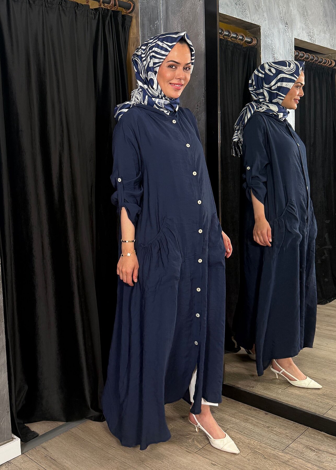 Nazlınur Collection Önü Düğmeli Kapüşonlu Kap LACİVERT - 3